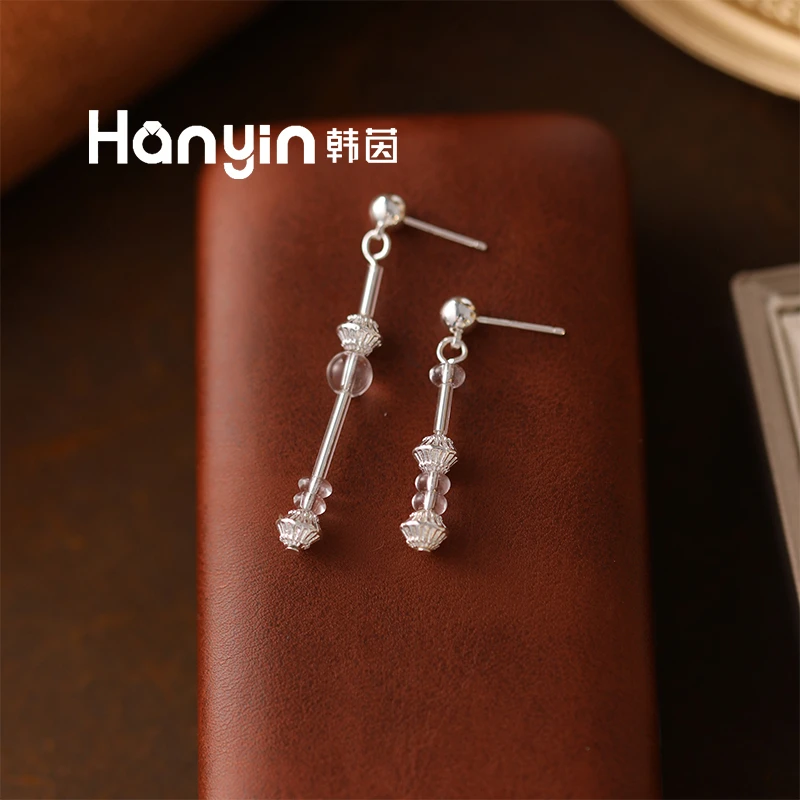铜合金仿水晶耳饰 925银针 白晶不对称灯笼耳钉设计感小众耳饰
