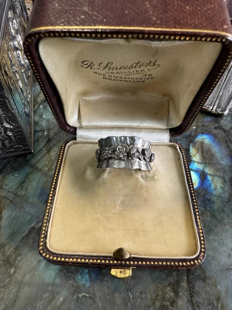 钛钢戒指 中古vintage重工玫瑰花戒指指环