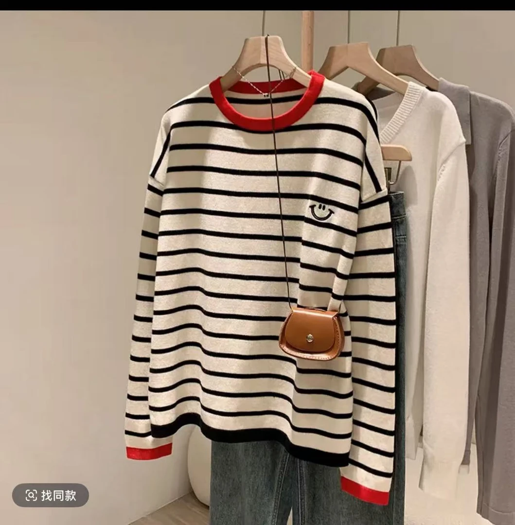 韩系~慵懒风【刺绣-笑脸】洋气复古条纹拼接休闲百搭长袖T恤25127