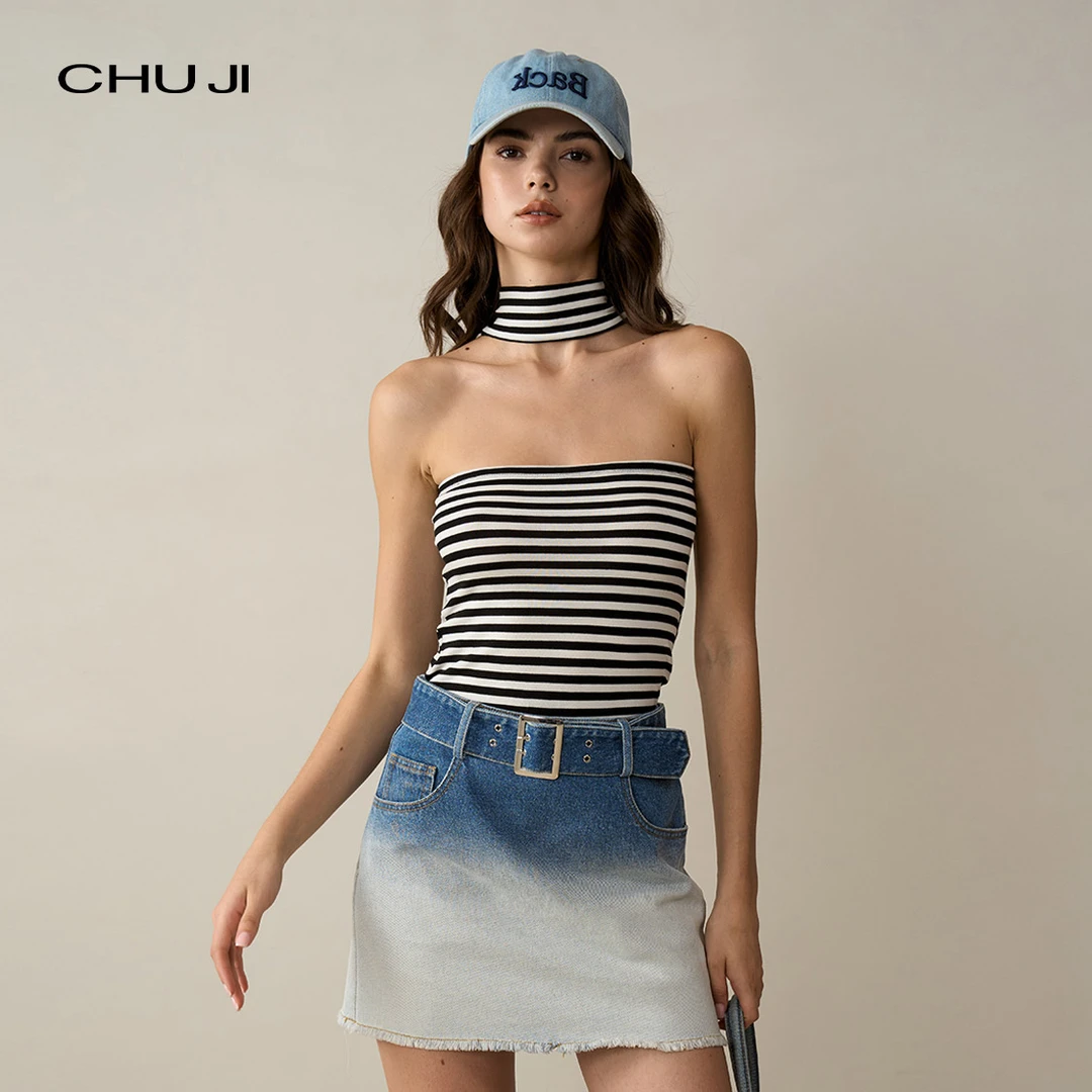 Chuji/出迹莱赛尔露背黑白条纹挂脖背心上衣女两穿抹胸E1Z2326T