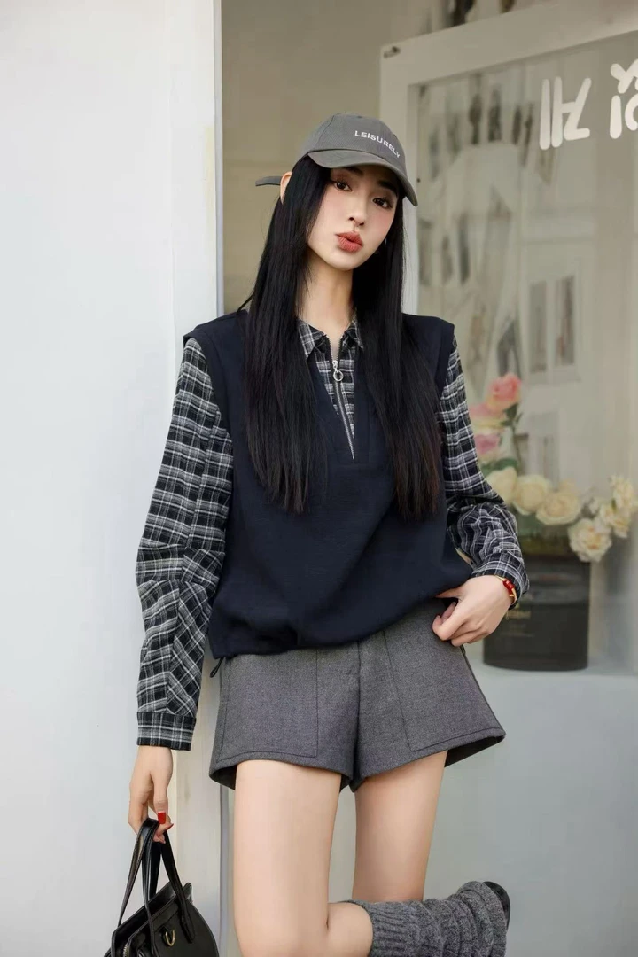 通勤风薄款四季潮牌女装秋季格子毛衫假两件上衣复古针织衫