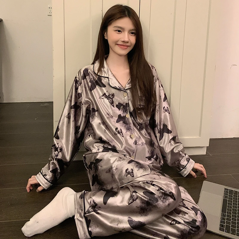 冰丝睡衣女士春秋季2025年新款长袖高级感轻奢风网红款家居服套装