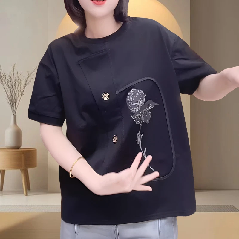 中式国风印花短袖夏季薄款半袖休闲宽松拼接t恤小众设计感上衣女