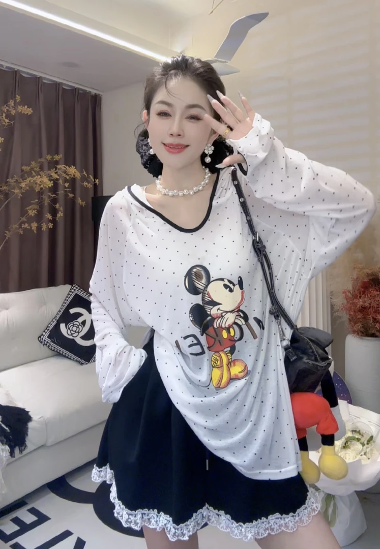 L.X~卡通图案波点拼色连帽长袖T恤休闲减龄宽松百搭薄款上衣6390