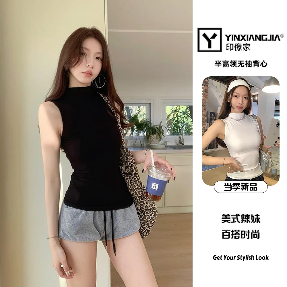 印像家美式半高领无袖背心女单穿夏季紧身显瘦露肩性感短款上衣