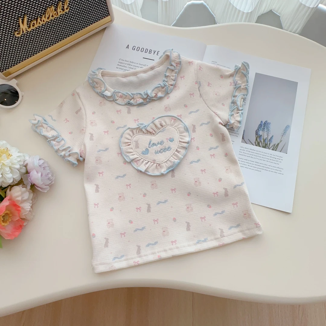 2025夏季新款小清新甜美女童立体刺绣爱心木耳边T G-12497女宝T恤