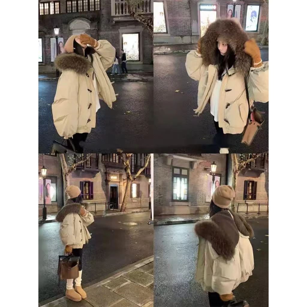 韩系东大门连帽大毛领棉服外套冬季加厚保暖设计感牛角扣短款棉衣