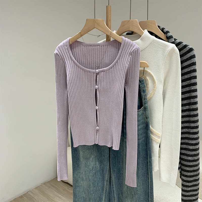小香风紫色长袖U领打底针织开衫毛衣女秋冬季叠穿上衣甜辣妹外套