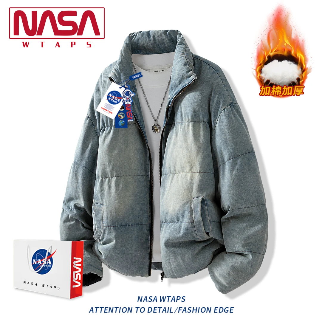 NASA WTAPS美式复古牛仔棉服男款秋冬季潮牌高街做旧立领棉衣外套