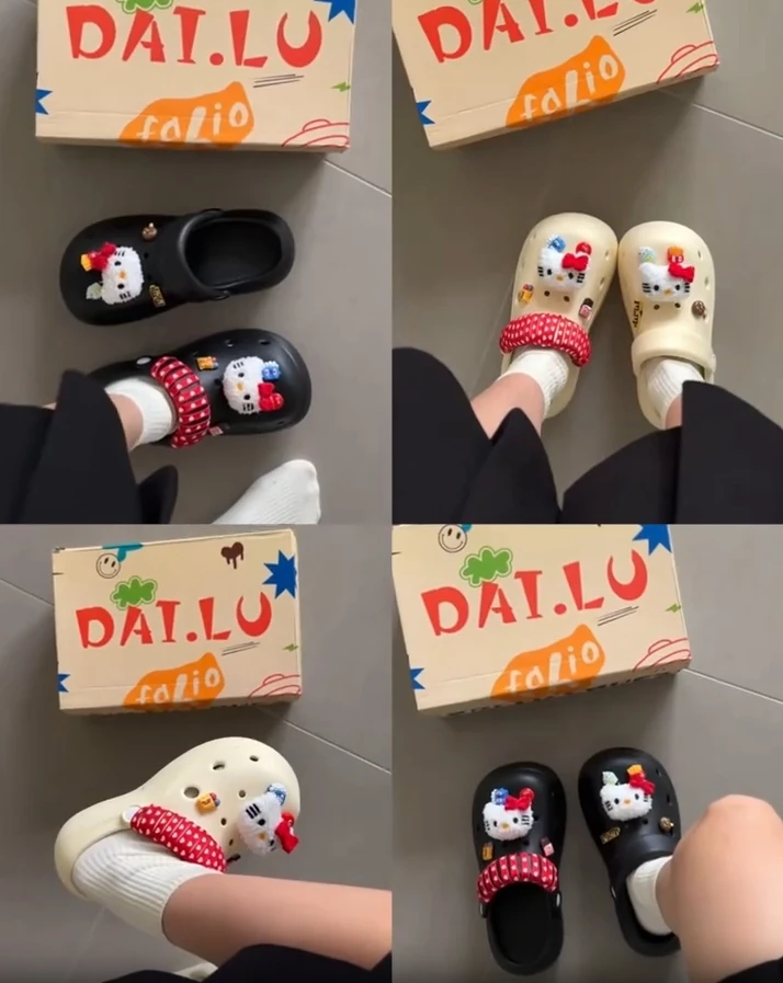 时尚百搭厚底卡通可爱KT猫洞洞鞋女2025夏新款防滑沙滩包头半拖鞋