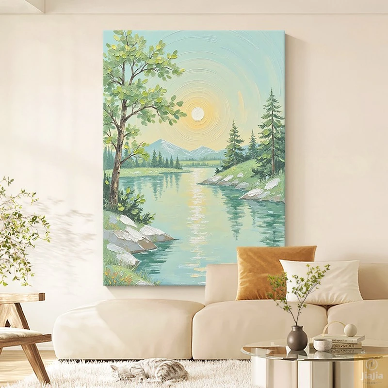 日出手绘油画现代简约客厅装饰画奶油风玄关沙发背景墙治愈系挂画
