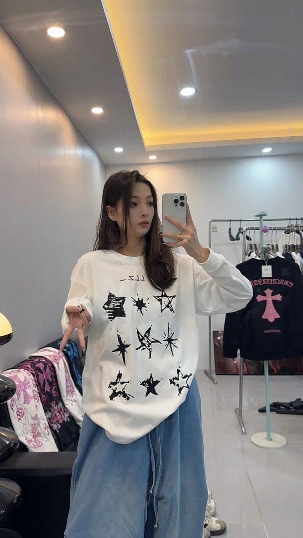 LLZ351学院风星星印花纯棉长袖T恤女装春秋季爆宽松慵懒风上衣