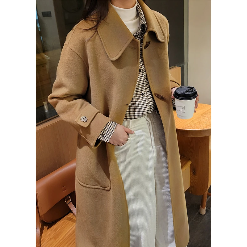 清仓【012】100羊毛中长款翻领牛角扣大衣外套