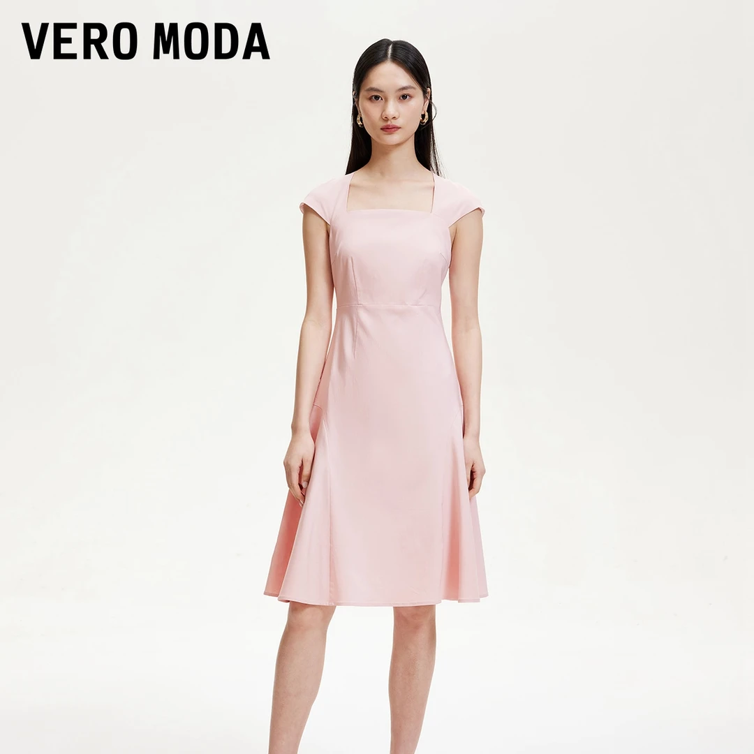 Vero Moda连衣裙小众洋气A字方领包肩收腰中裙浅春温柔32517B009