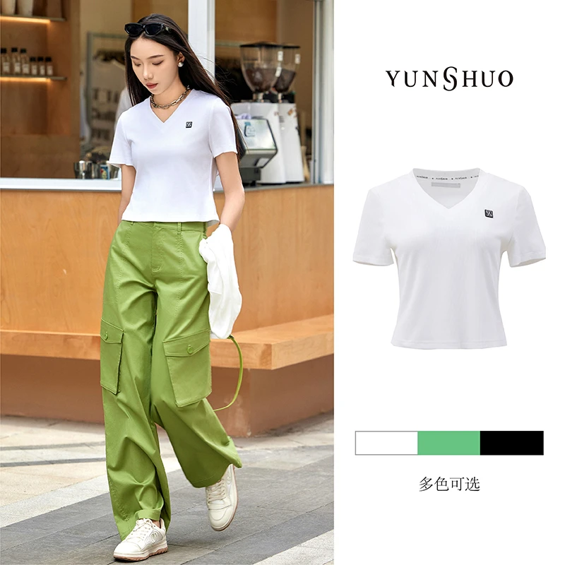 允硕夏季时尚百搭V领短款女装春百搭通勤气质T恤短袖上衣325224