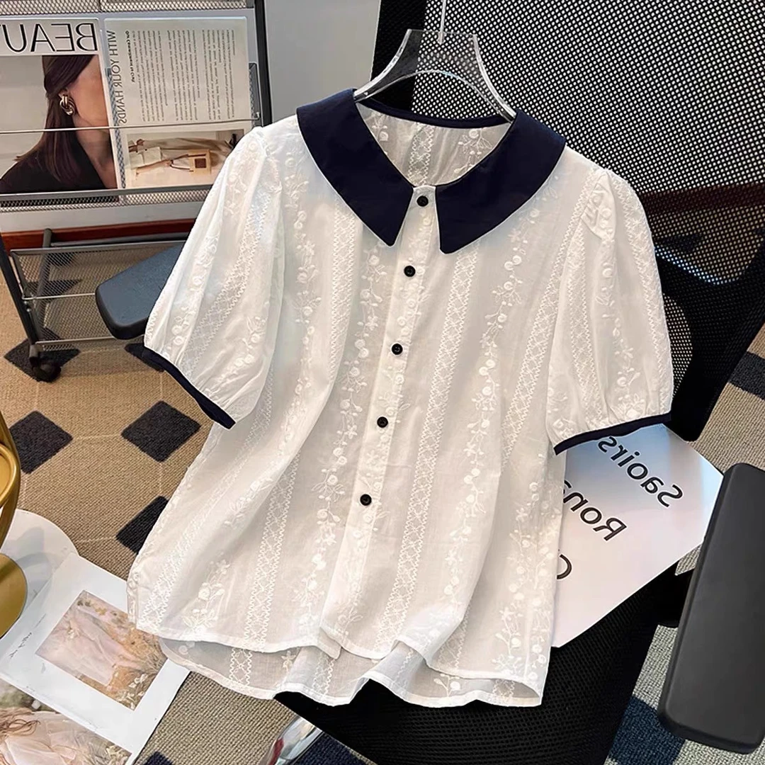 809 重工复古刺绣别致气质设计感百搭短袖衬衣