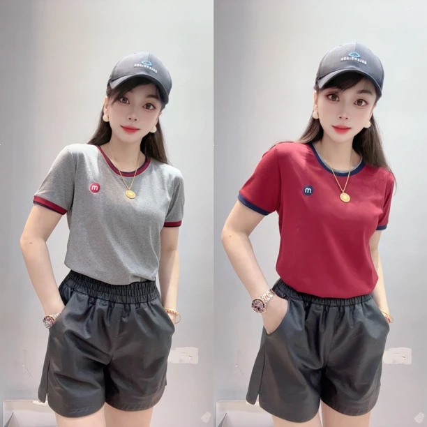 娜姐家2025新款显瘦弹力蓝红边领口上衣889