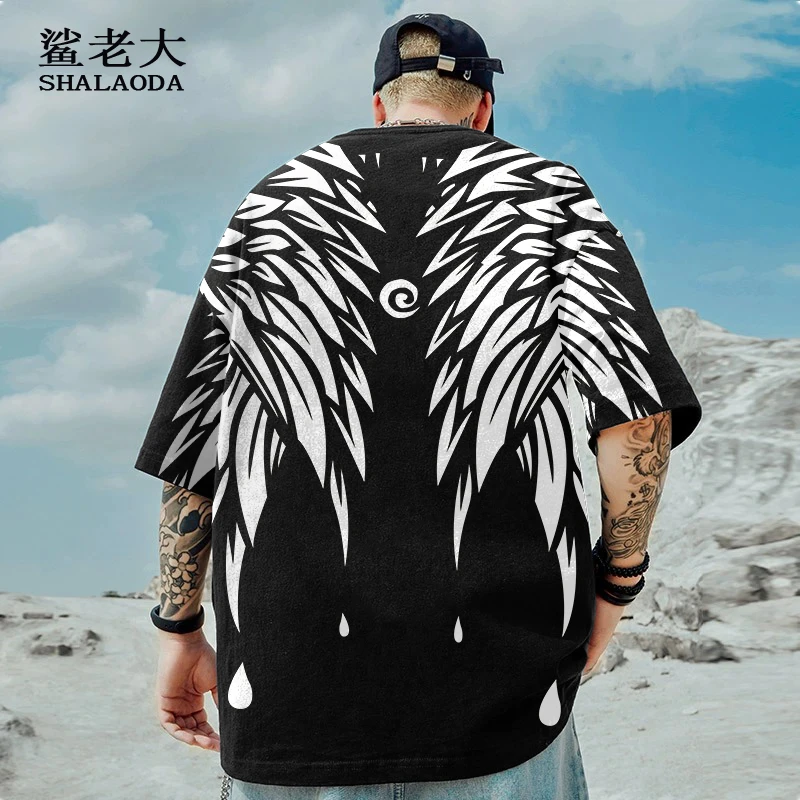 夏季潮牌翅膀T恤男宽松大码半袖樱花印花薄款体恤衫休闲百搭上衣