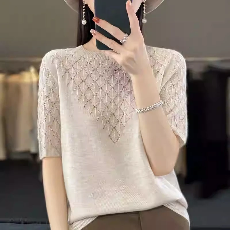 圆领真丝短袖t恤女2025新款宽松遮肚子冰丝针织衫夏季桑蚕丝上衣