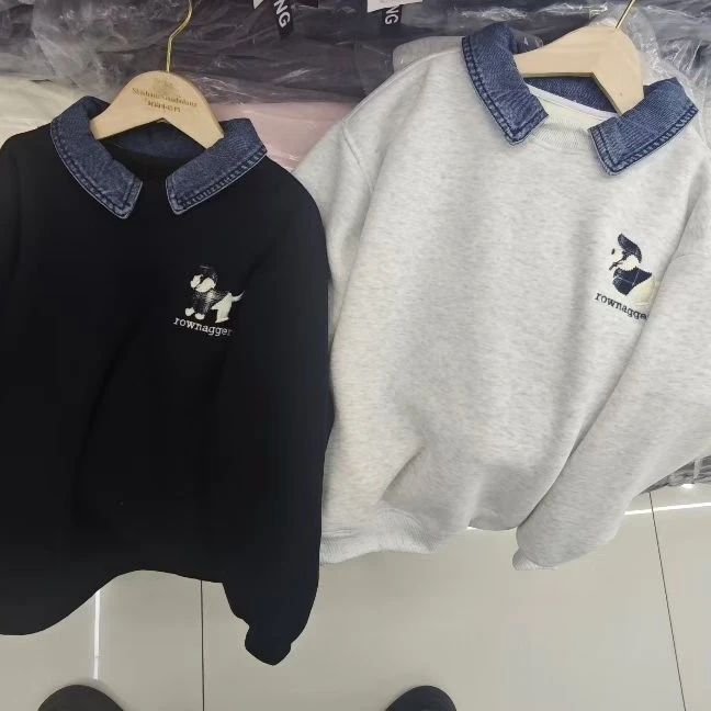 140-180尺码一体加厚卫衣牛仔领