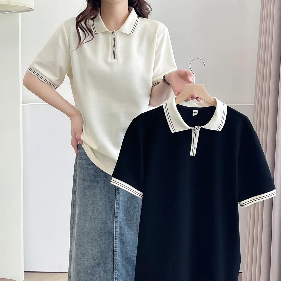 大码女装夏季新款POLO领学院风短袖设计感正肩显瘦T恤半袖上衣