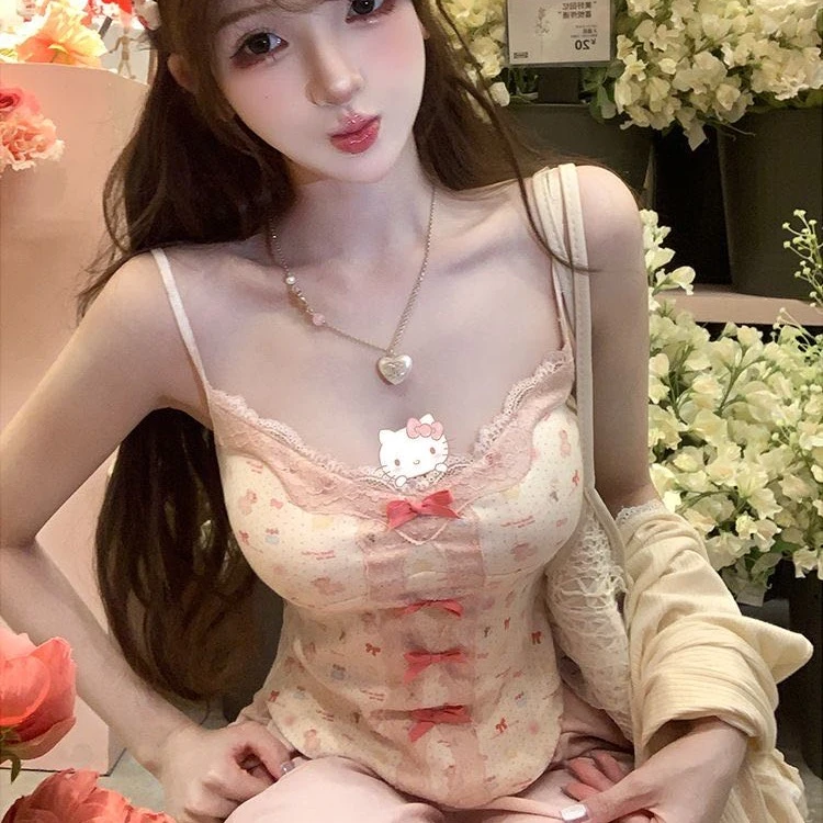 【带胸垫】纯欲辣妹小熊蝴蝶结碎花吊带女修身内搭设计感小众上衣