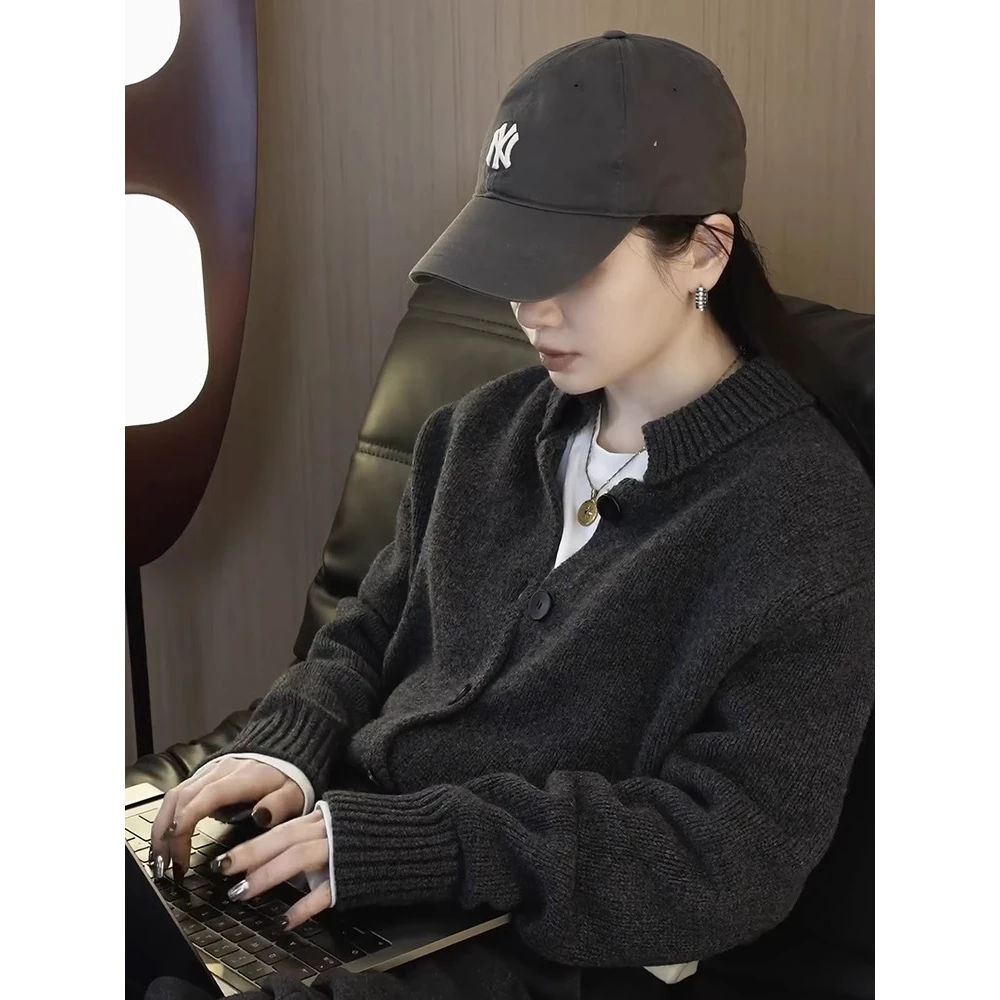 高级感灰色翻领韩版开衫毛衣外套女小个子宽松显瘦针织上衣秋冬季