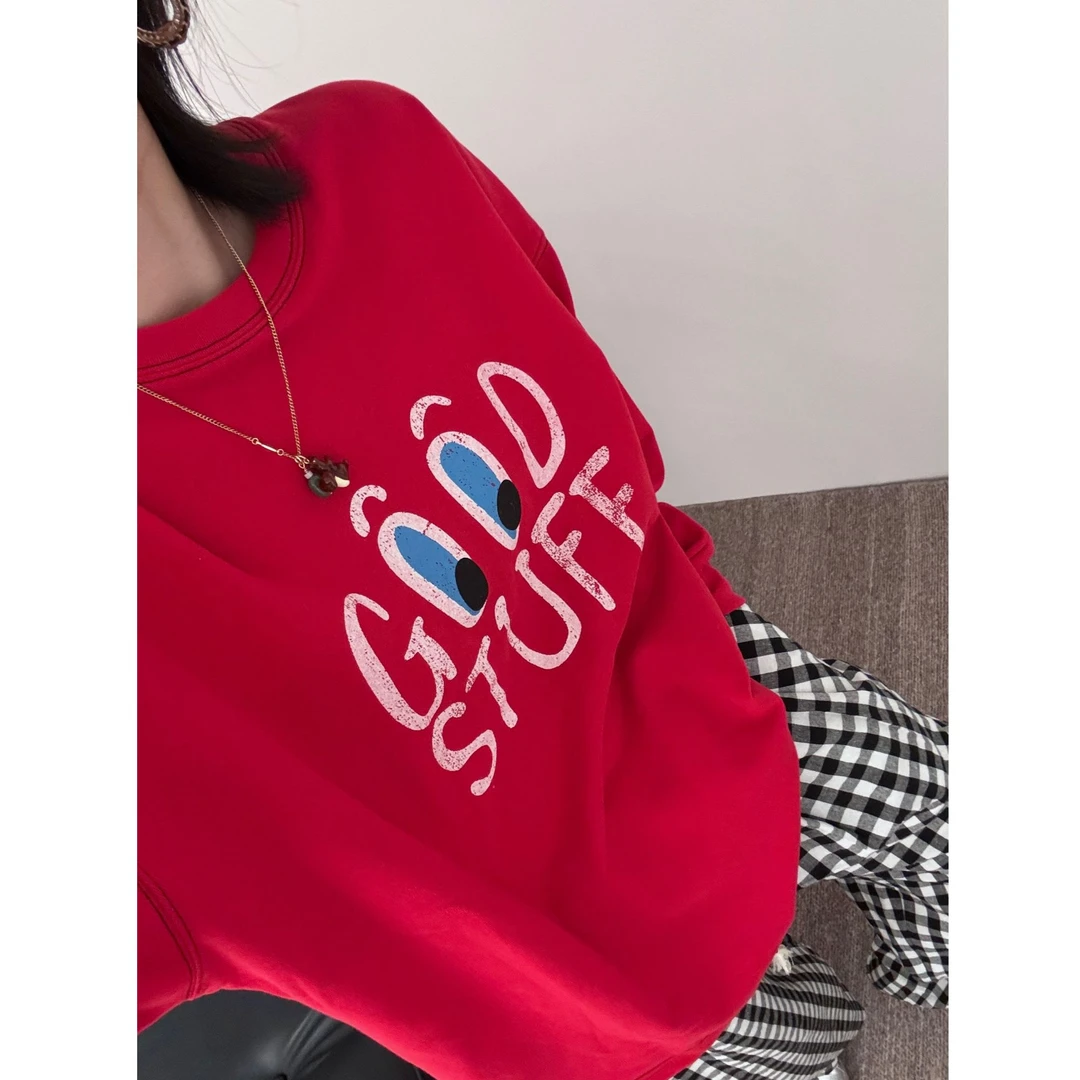 【红色卫衣】字母印花红色圆领长袖卫衣 J25CX063