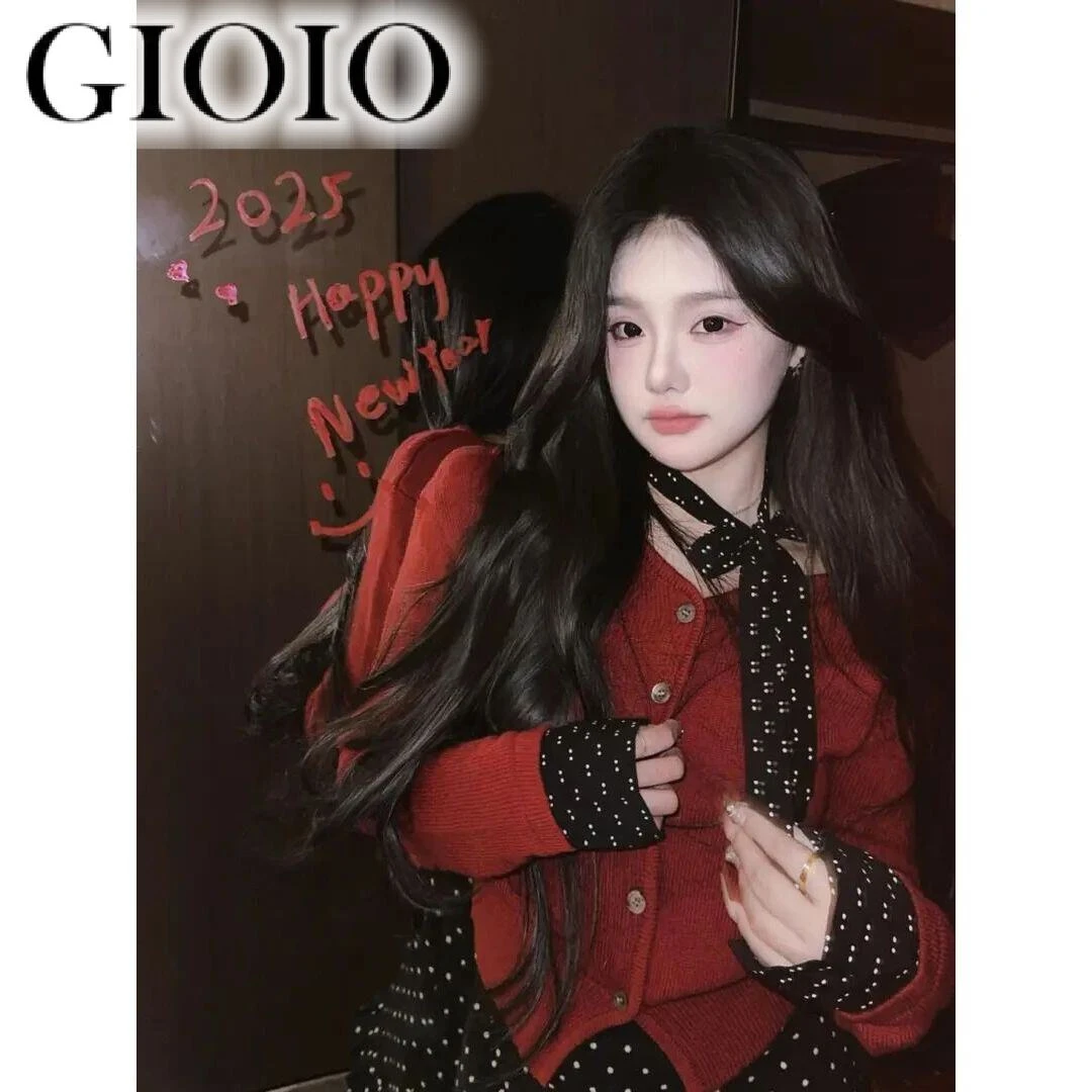 GIOIO拼接短裙波点早春开衫V领穿搭套装袖口半身小香风红色韩系针