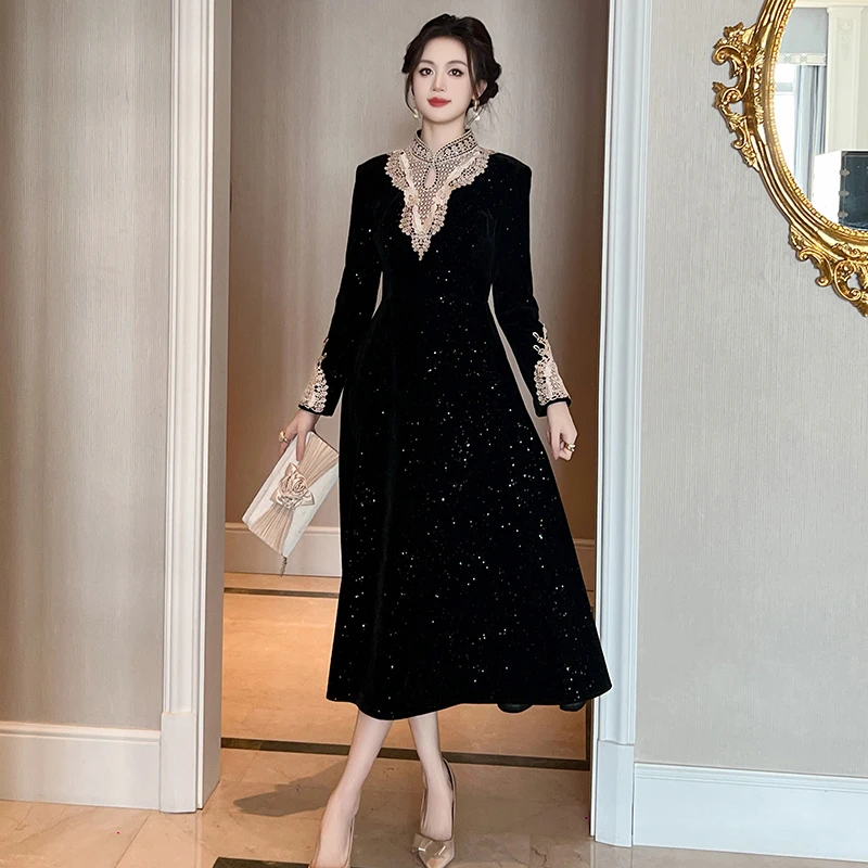 91512 时尚气质洋气优雅长袖法式名媛收腰显瘦修身宫廷风连衣裙