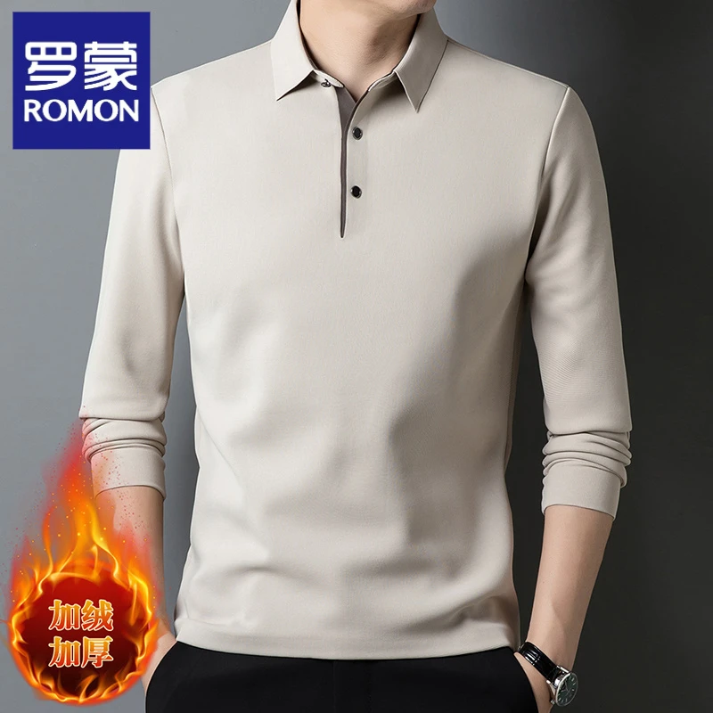 罗蒙秋冬新款加绒加厚男士长袖t恤上衣商务休闲翻领纯色polo衫