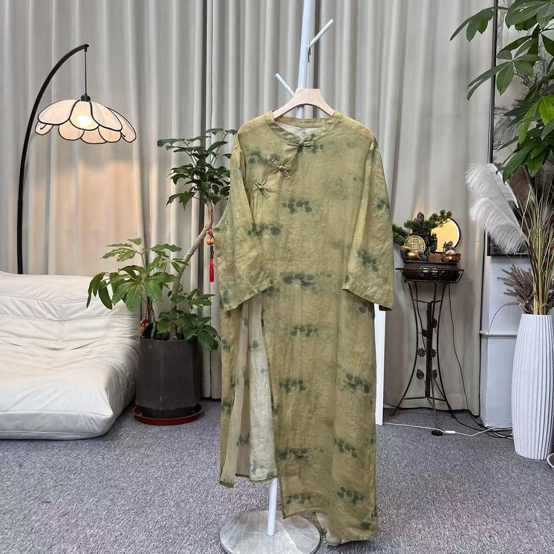 花璟与麻原创设计复古斜襟不规则连衣裙（裙长118胸围130）