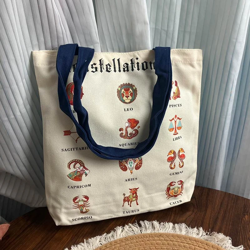出口小众设计星座帆布袋可爱卡通简约布袋学生补习袋逛街收纳袋