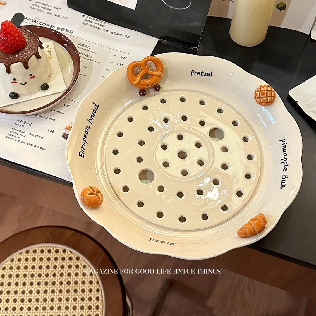 创意卡通可爱陶瓷饺子盘沥水双层盘专用盘家用蒸盘耐高温餐具圆盘