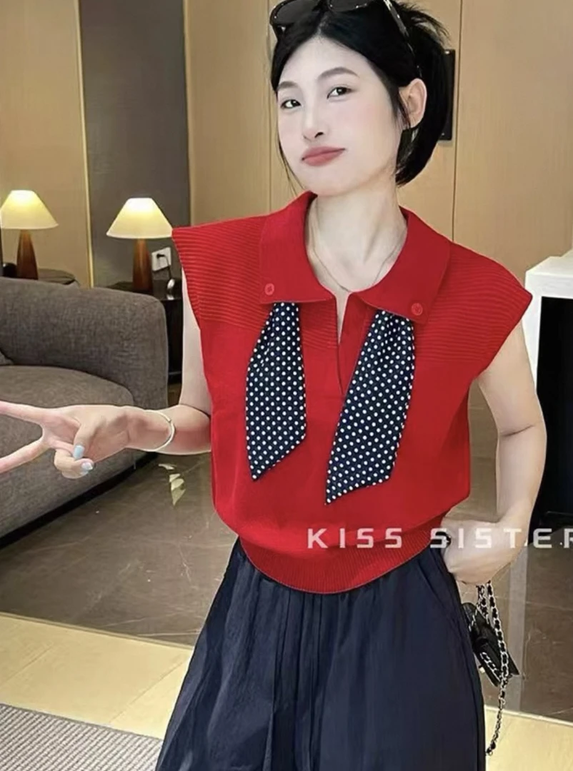 2025夏季POLO领波点丝巾冰丝韩版设计感高级无袖针织红色上衣8012