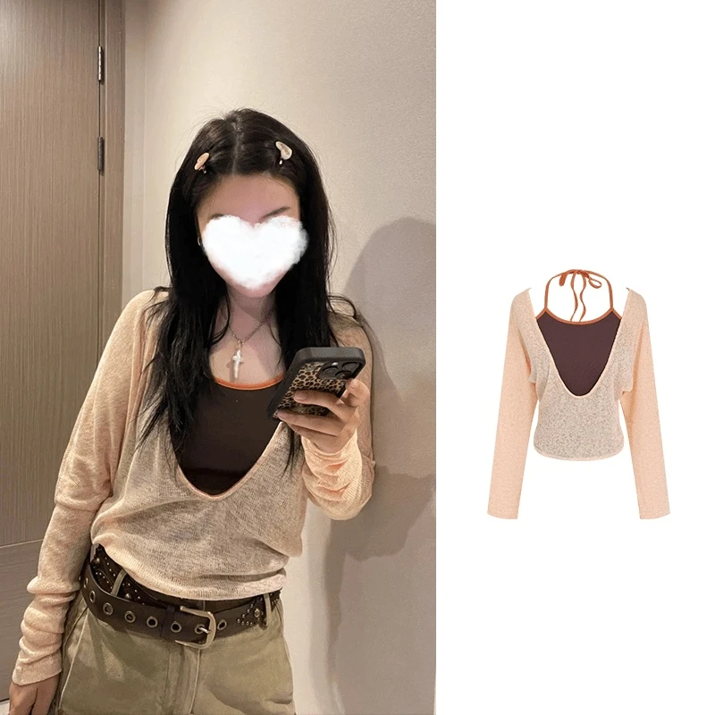 韩系辣妹大U领挂脖撞色假两件露肩上衣女早秋薄款显瘦长袖T恤夏装