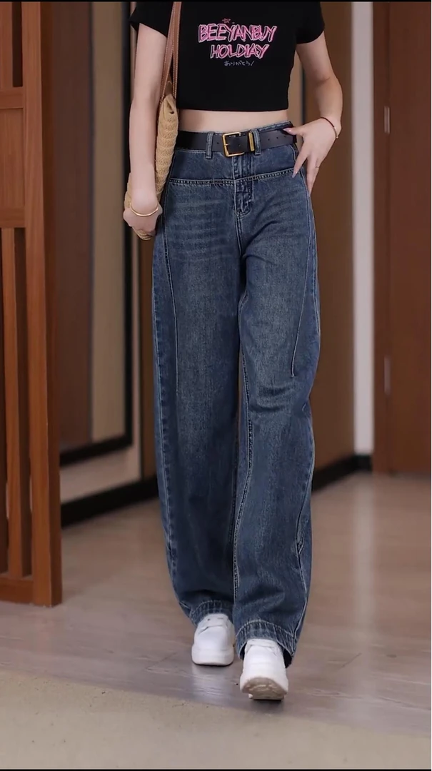 怀旧复古春夏季女小个子2025新款弯刀裤阔腿牛仔裤宽松时尚#2568