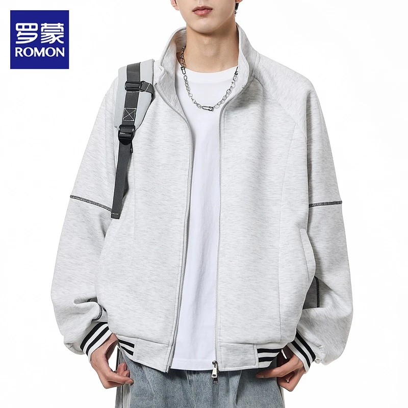 罗蒙男士立领开衫卫衣2025春秋潮宽松休闲美式痞帅慵懒风外套男装