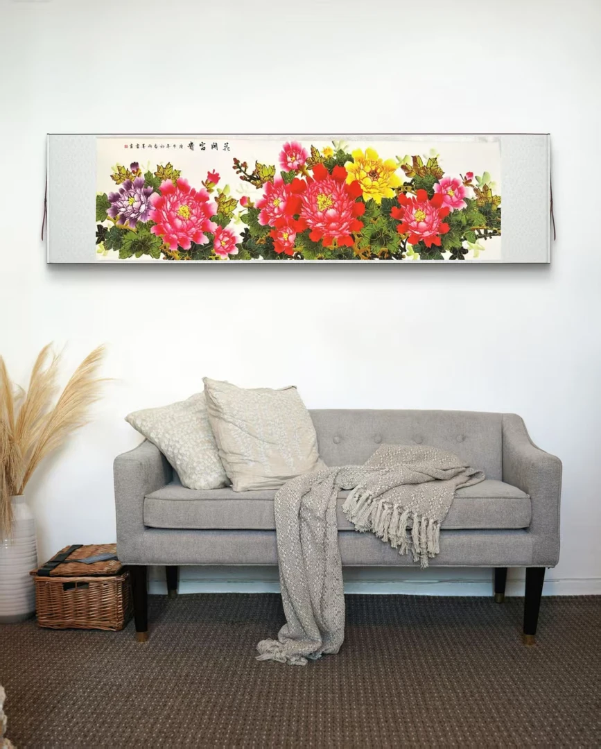 《花开富贵》国花牡丹花餐厅装饰客厅背景装饰八尺横幅P19 75x260