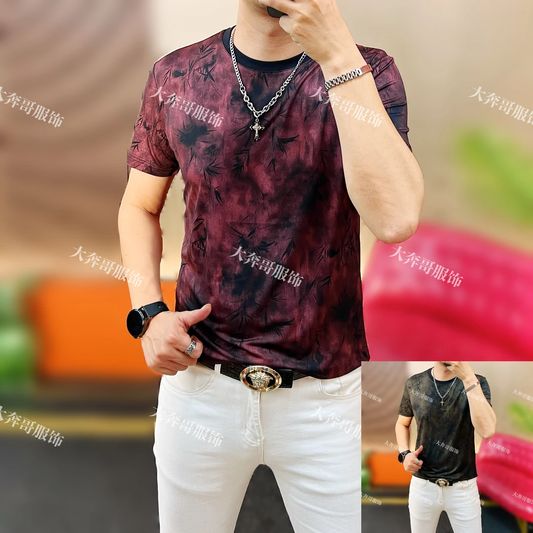 大奔哥-潮流夏季透气修身竹节节高扎染t恤短袖弹力男装夏季修身