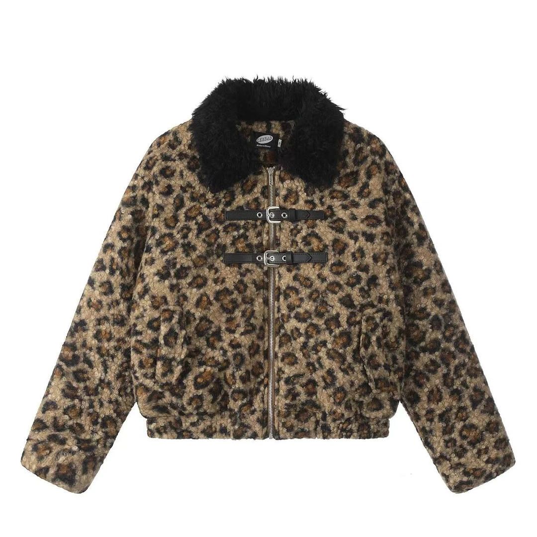 美式复古风豹纹毛领棉服女短款时尚宽松保暖外套潮冬厚