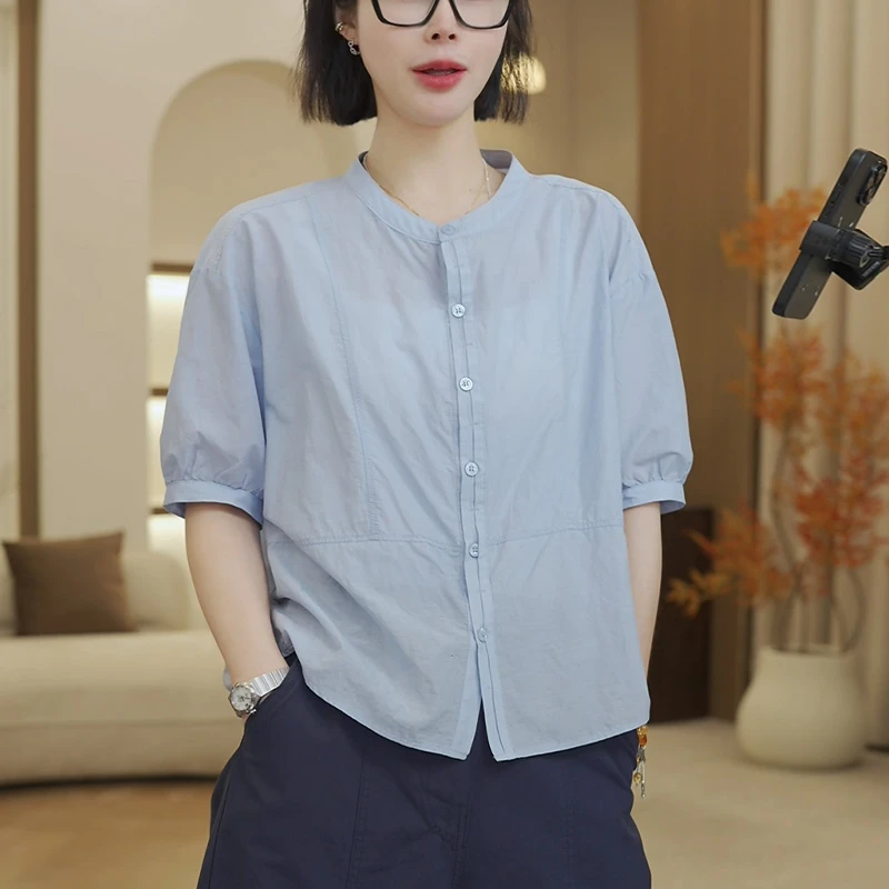 韩式极简五分袖衬衫女2025爆款新款洋气小衫减龄宽松显瘦百搭上衣