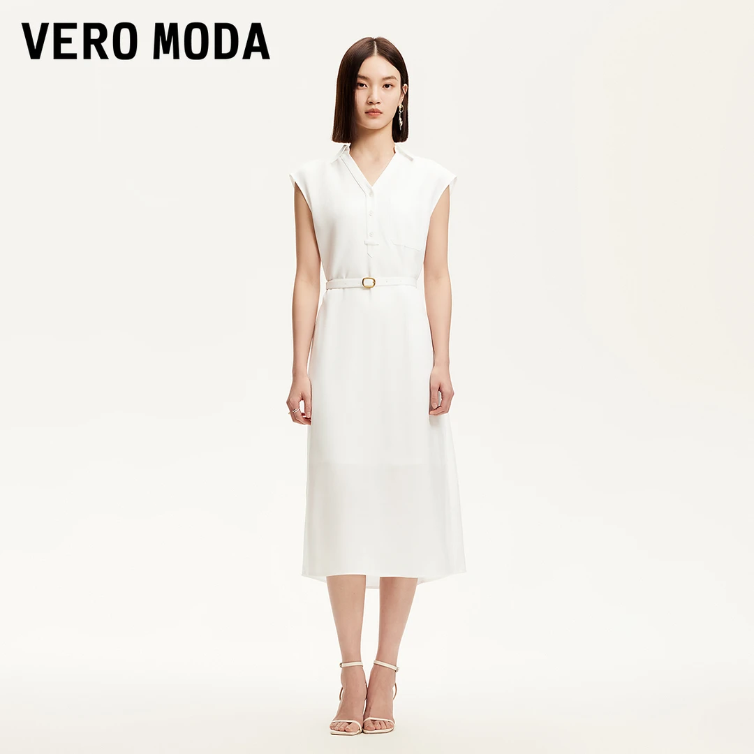 Vero Moda连衣裙女2025夏日穿搭真两件无袖V领腰带装饰32527B019