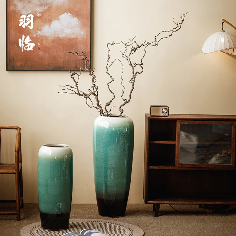 景德镇高大花瓶翡翠绿落地花瓶客厅插花摆件窑变搭配釉陶瓷大陶罐