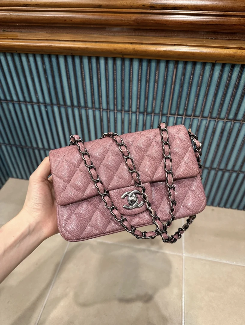 95新 Chanel/香奈儿 四月中古-荔枝皮做旧脏粉色大mini 有标无卡