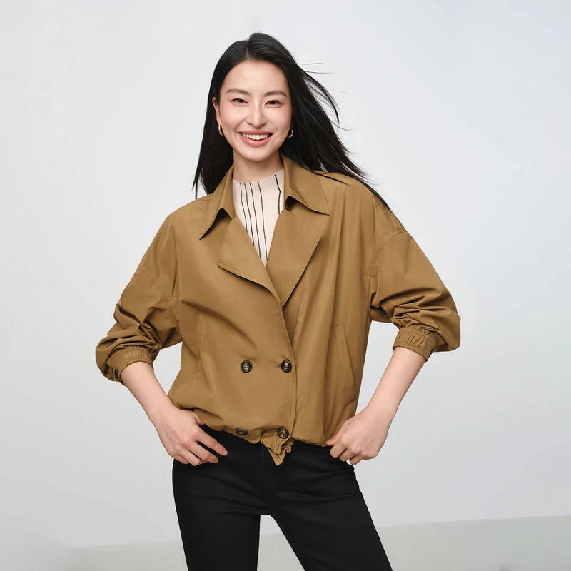 ​EP雅莹早秋新款女装 简约短款双排扣咖啡色风衣外套7111A