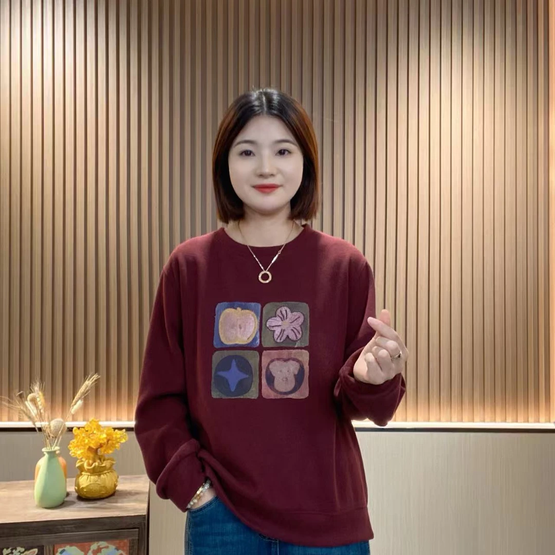 秋季新款上新休闲百搭圆领套头简约时尚印花宽松女长袖Q36188