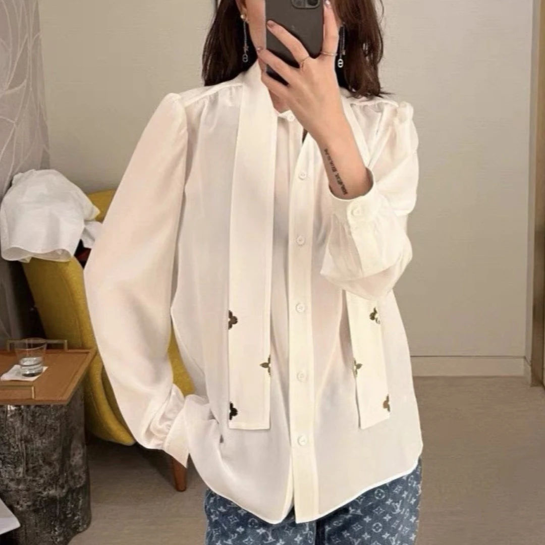 99新 LouisVuitton/路易威登 D500173/压褶系带领正肩衬衫/38码