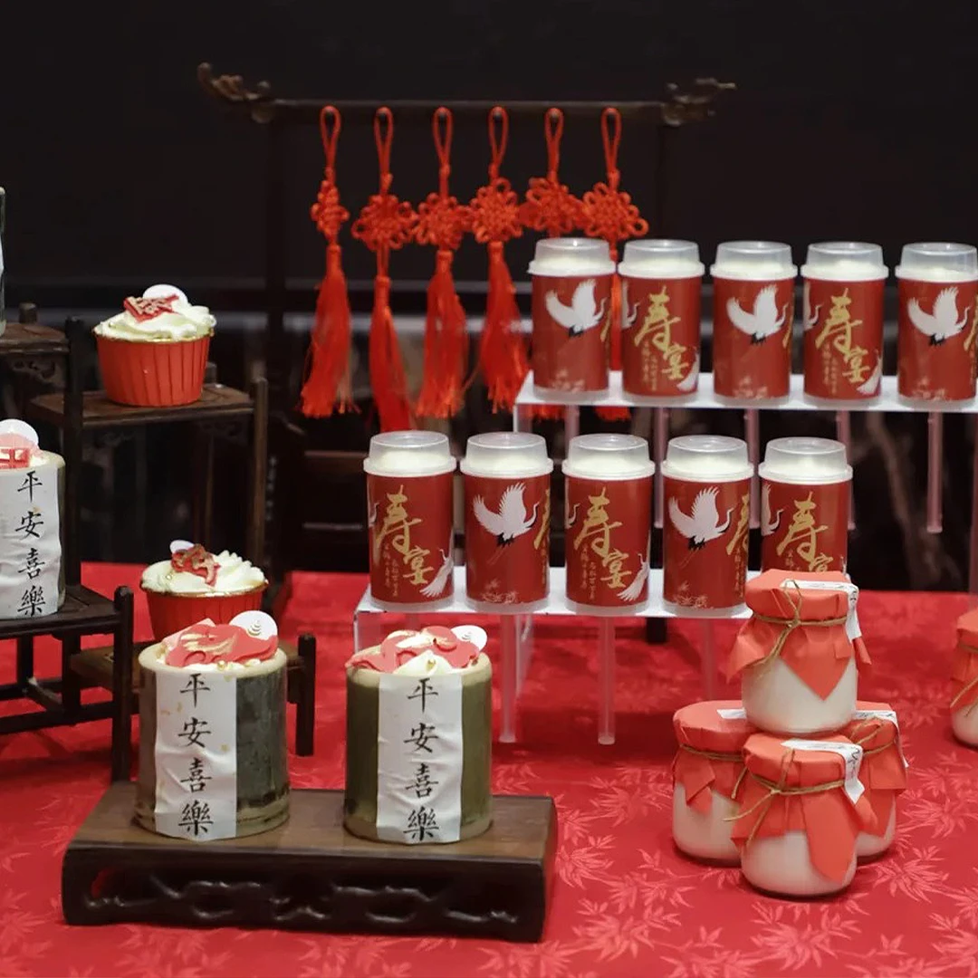新中式寿宴甜品台装饰推推乐贴纸平安喜乐竹筒杯红色纸杯蛋糕插件