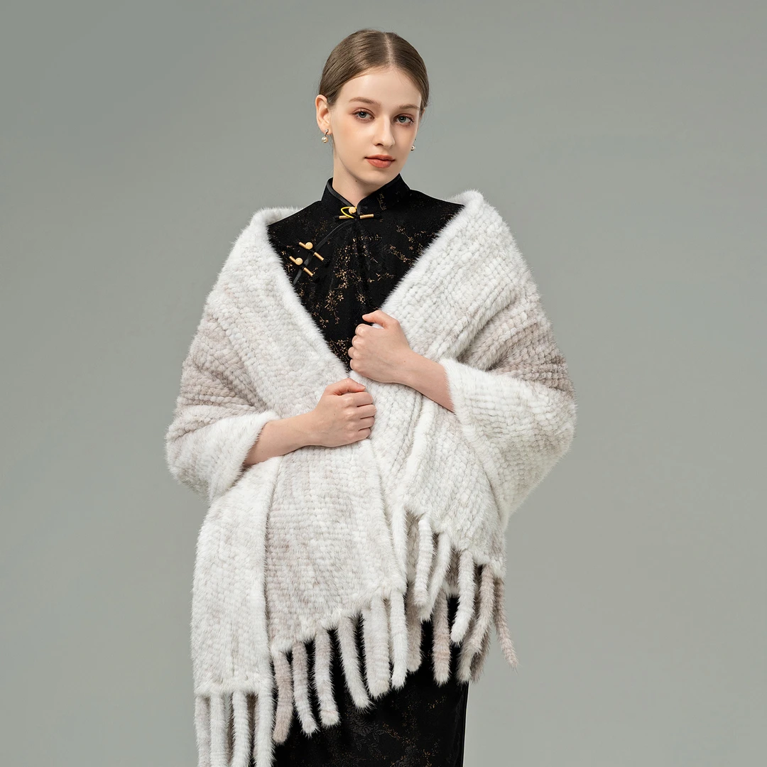 水貂毛大披肩女秋冬季韩版气质保暖加厚水貂毛编织皮草大斗蓬流苏